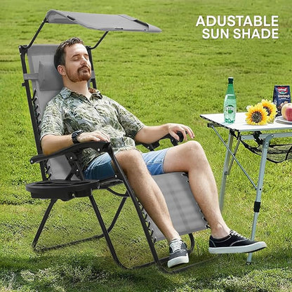 Athena Collection Folding Zero Gravity Chair with Canopy, Adjustable Lounge Chair Recliner, Outdoor Lawn Chair Camping Chairs Beach Chaise Chairs with Headrest & Cup Holder for Patio Pool, Gray