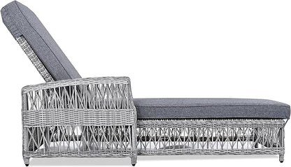 GDFStudio Outdoor Adjustable Wicker Chaise Lounge with Armrests, Patio Reclining Pool Chair with Removable Cushions, All-Weather Rattan Sun Lounger for Poolside, Garden, Balcony, Grey