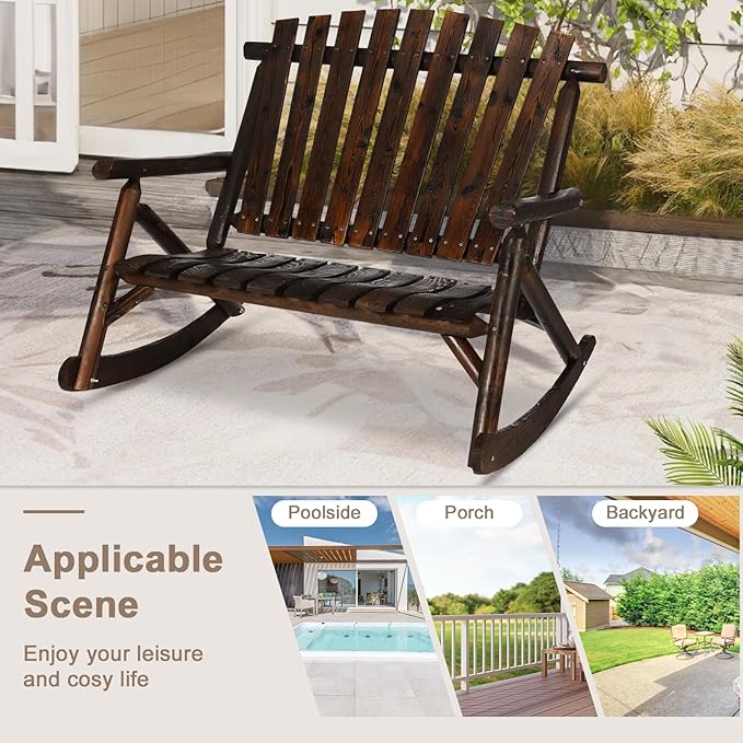 Outdoor Double Wooden Rocking Bench, Adirondack Porch Rocker Chair for 2 Persons, Patio Rustic Log Rocker Loveseat with High Slatted Seat & Backrest for Deck, Backyard, Garden, Carbonized