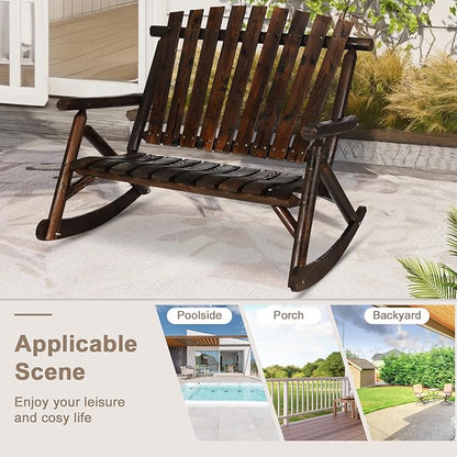 Outdoor Double Wooden Rocking Bench, Adirondack Porch Rocker Chair for 2 Persons, Patio Rustic Log Rocker Loveseat with High Slatted Seat & Backrest for Deck, Backyard, Garden, Carbonized