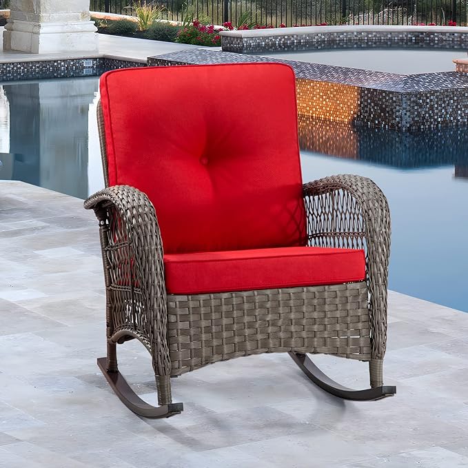 Patio Rocking Chair - Outdoor Rocker Chair with Safe Rocking Design, Metal Frame All Weather Wicker and Premium Fabric Cushions (Mixed Brown/Red)