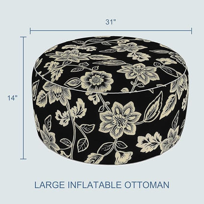 LVTXIII Indoor/Outdoor Extra Large Inflatable Ottoman Pouf D31 x H14 Inch, Round Footstool with Handle, Weather-Resistant Portable Furniture for Patio, Camping, Beach, Elegant Vines Black