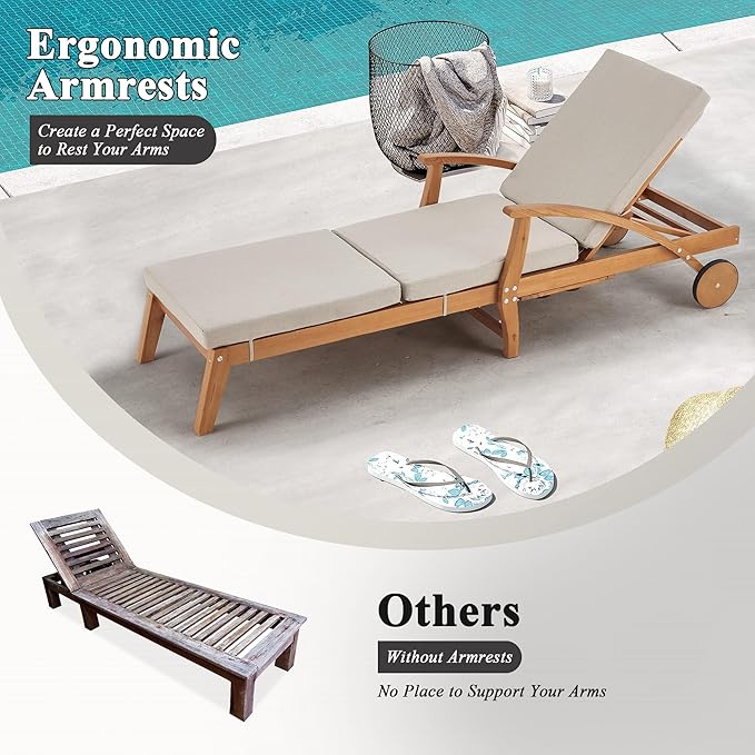 HOMREST Wood Outdoor Chaise Lounge Chair, 83x23in Patio Lounge Recliner with Adjustable Backrest, Cushioned Seat, Wheels, Slide-Out Side Table & Cup Holder, Beige