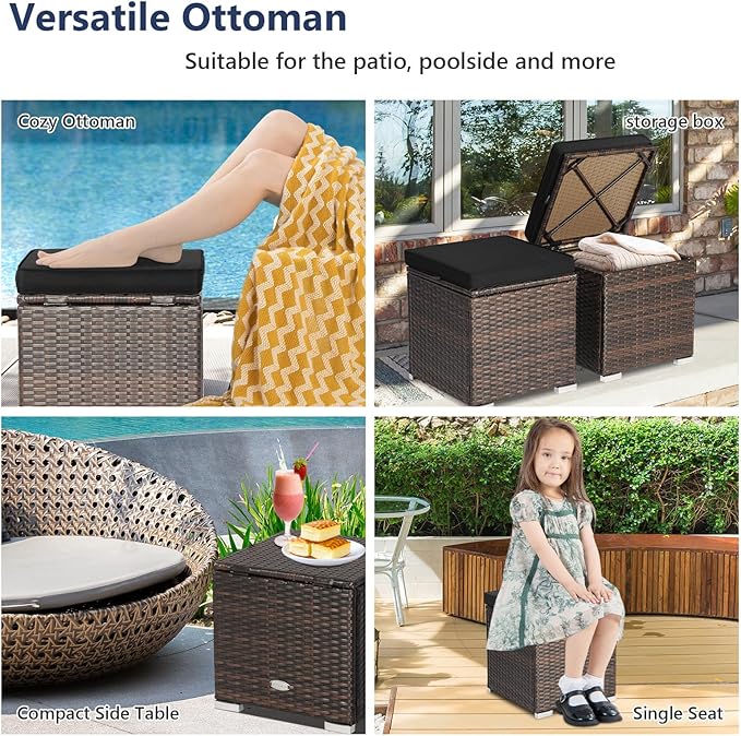 Tangkula 2 Pieces Patio Ottomans, Patiojoy Hand-Woven PE Rattan Side Table with Removable Cushion & Hidden Storage Space - Photo 6