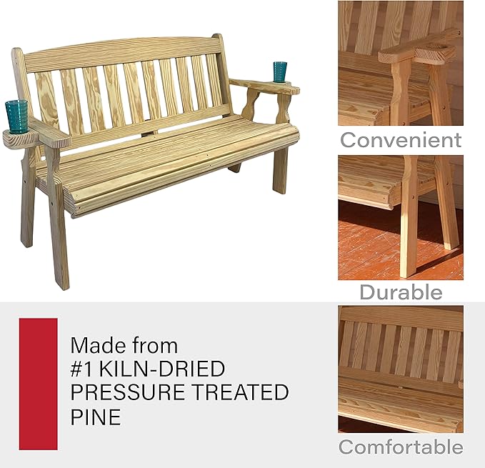 Amish Casual Heavy Duty 800 Lb Mission Pressure Treated Garden Bench with Cupholders (5 Foot, Unfinished)