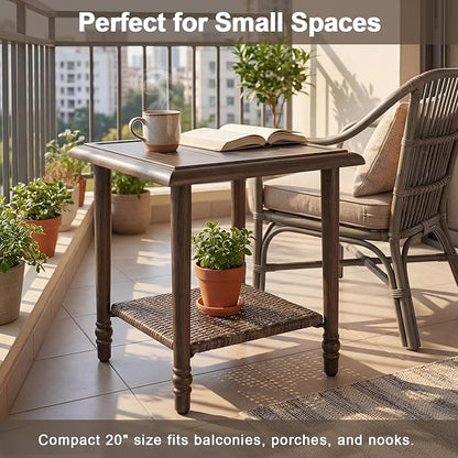 Wicker Outdoor Side Table, Heavy Duty Iron Patio Table for Porch Balcony Deck Garden Poolside