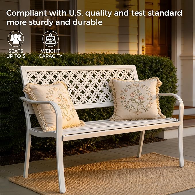 Grand patio 50" Garden Bench, Outdoor Benches with Anti-Rust Metal Powder Coated Frame, Patio Bench for Front Porch Park Outside Furniture Decor,White