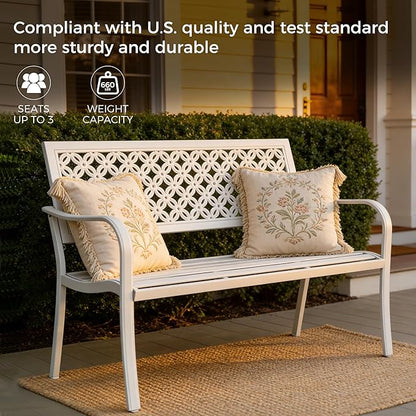 Grand patio 50" Garden Bench, Outdoor Benches with Anti-Rust Metal Powder Coated Frame, Patio Bench for Front Porch Park Outside Furniture Decor,White
