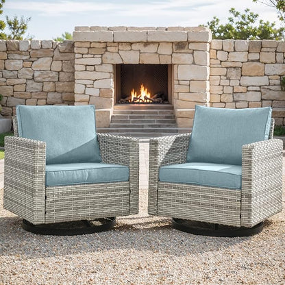 Outdoor Patio Swivel Rocker Chairs - Wicker Patio Swivel Rocking Chairs Set of 2 with Waterproof Wicker,Comfortable Cushions and Sturdy Metal Frame for Outside Porch Deck Backyard(Light Grey/Sky Blue)