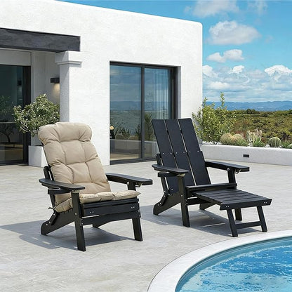 Mega Casa Poly Lumber Adirondack Chair with Cup Holders, Ottoman and Cushion, Adjustable Backrest, All-Weather Resistant HIPS Material, Wood-Like Pattern, Heavy Duty 700 LBS (Iron Black)