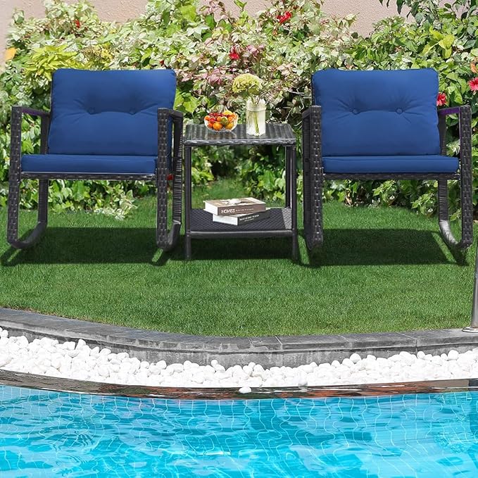 HAPPYGRILL 3-Piece Rocking Bistro Set Outdoor Patio Rocking Chairs with Coffee Table Rattan Wicker Furniture - Photo 4