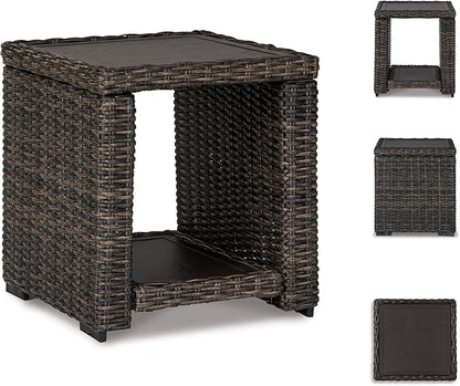 BOWERY HILL Square Patio End Table, 22.25 in H x 19.75 in W x 20 in D, All-Weather Resin Wicker with Rust-Proof Aluminum Frame, Brown Finish, Outdoor Table for Patio or Garden Use