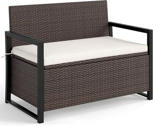 Tangkula 40 Gallon Outdoor Bench with Storage, Patio Wicker Storage Bench with Cushion, Cover, Metal Frame, Deck Box Seat for Backyard, Poolside, Balcony, Garden