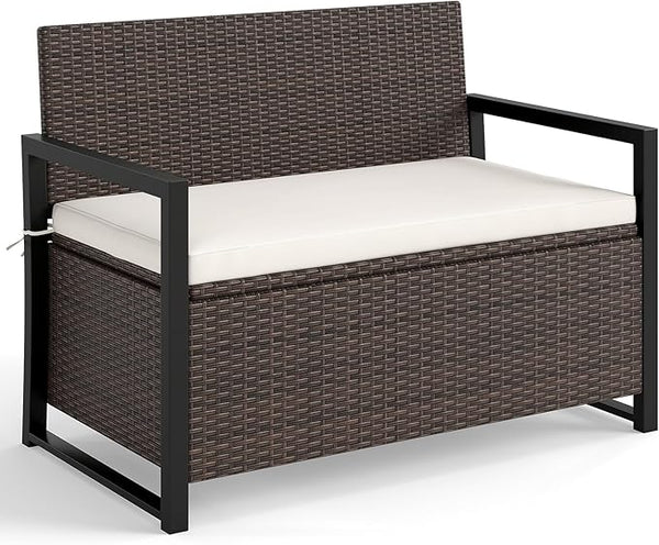 Tangkula 40 Gallon Outdoor Bench with Storage, Patio Wicker Storage Bench with Cushion, Cover, Metal Frame, Deck Box Seat for Backyard, Poolside, Balcony, Garden