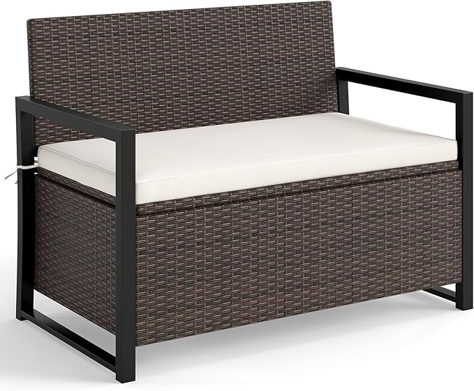 RELAX4LIFE Wicker Outdoor Bench with Storage - Rattan Deck Box w/Protective Liner for Pillows, Pool Supplies - Photo 1
