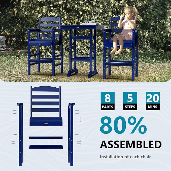VINGLI Outdoor Bar Stools Set of 2, HDPE All-Weather Patio Bar Height Chairs Heavy-Duty Tall Adirondack Chairs for Backyard, Porch, Balcony and Poolside (Navy Blue)