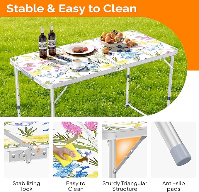 VINGLI 4FT White Folding Table with Carrying Handle Height Adjustable Lightweight Fold Up Portable for Indoor Outdoor - Photo 3