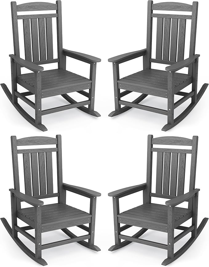 KINGYES Oversized Outdoor Rocking Chair Set of 4, HDPE Patio Rocking Chairs with 330lbs Support for Adults, Gray