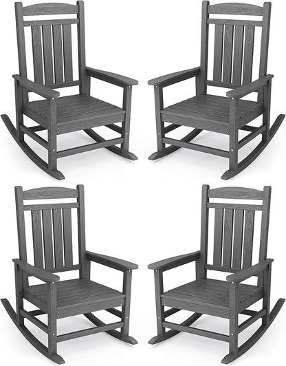 KINGYES Oversized Outdoor Rocking Chair Set of 4, HDPE Patio Rocking Chairs with 330lbs Support for Adults, Gray