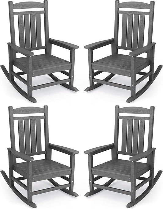 KINGYES Oversized Outdoor Rocking Chair Set of 4, HDPE Patio Rocking Chairs with 330lbs Support for Adults, Gray