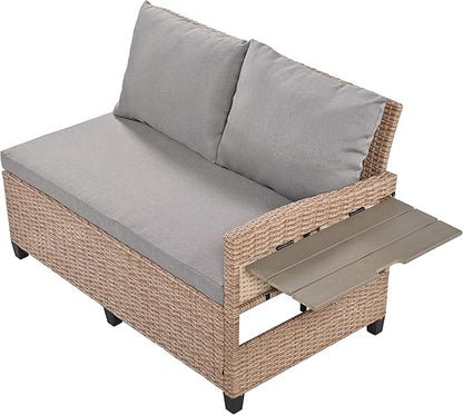 Merax Patio Furniture Sets Outdoor, All Weather Sectional PE Rattan Sofa with 2 Extendable Side Tables, Dining Table and Bench, Brown