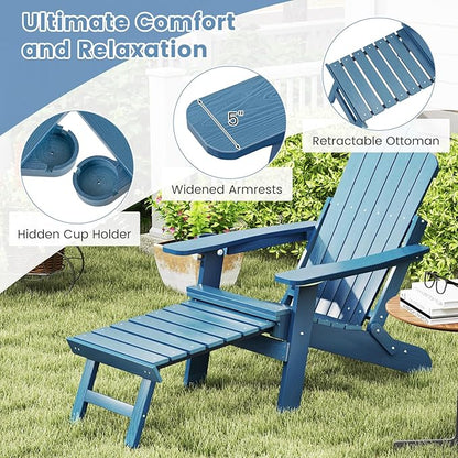Giantex Folding Adirondack Chair, All-Weather Lounge Chair with Adjustable Backrest, Retractable Ottoman, Cup Holder, HIPS Fire Pit Chair for Lawn, Pool, Patio, Porch (1, Navy)