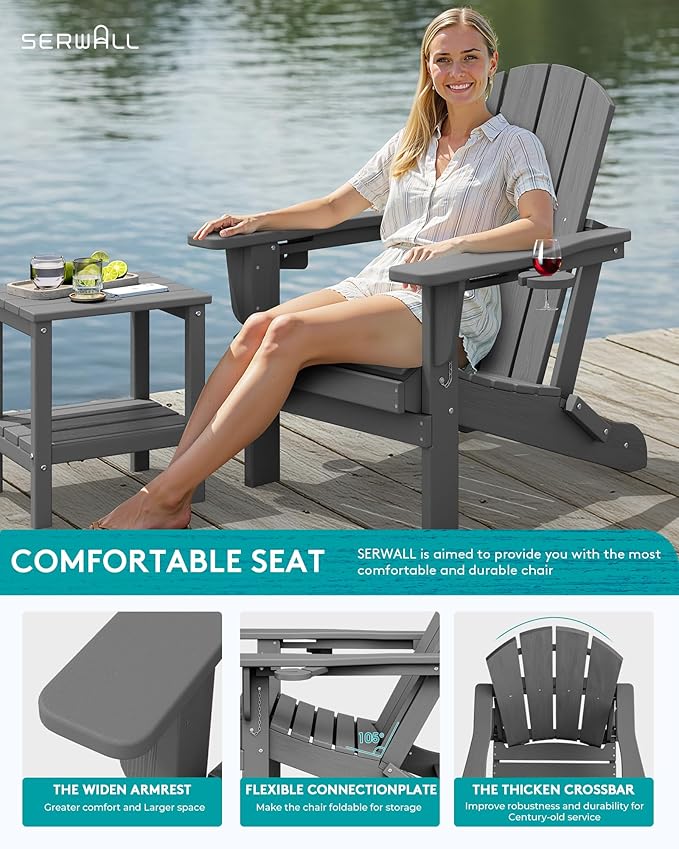 SERWALL Folding Adirondack Chair, Dual Cup Holders & All-Weather HDPE, Wood-Like Patio Chair for Backyard - Photo 3