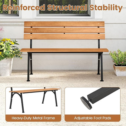 HAPPYGRILL Outdoor Acacia Wood Bench, 2-Person Park Bench with Metal Frame, Slatted Seat and Backrest, Patio Loveseat for Front Porch, Backyard, Garden
