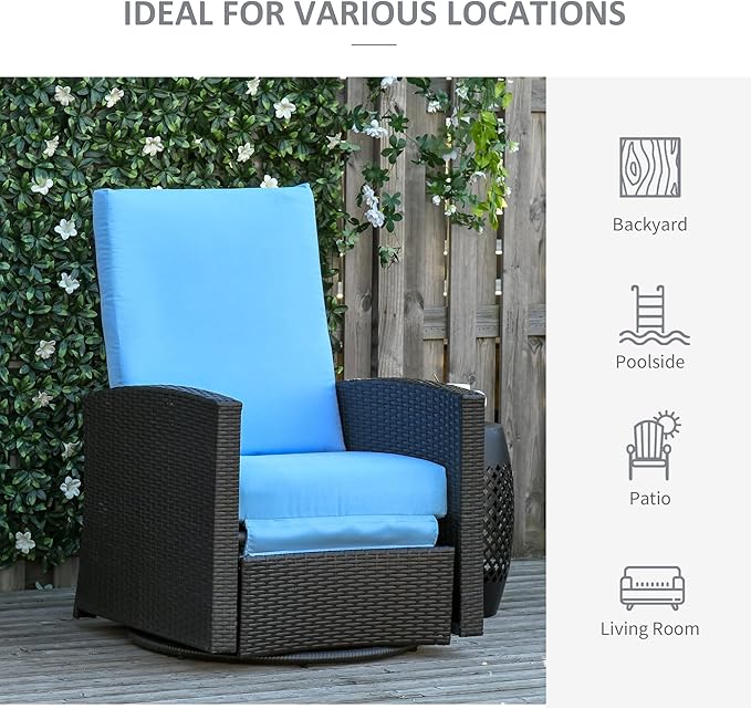 Outsunny Outdoor Wicker Swivel Recliner Chair, Reclining Backrest, Lifting Footrest, 360° Rotating Basic, Water Resistant Cushions for Patio, Light Blue