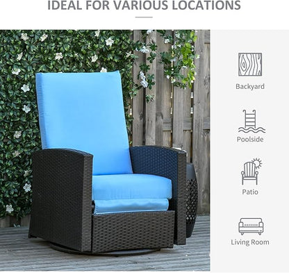 Outsunny Outdoor Wicker Swivel Recliner Chair, Reclining Backrest, Lifting Footrest, 360° Rotating Basic, Water Resistant Cushions for Patio, Light Blue