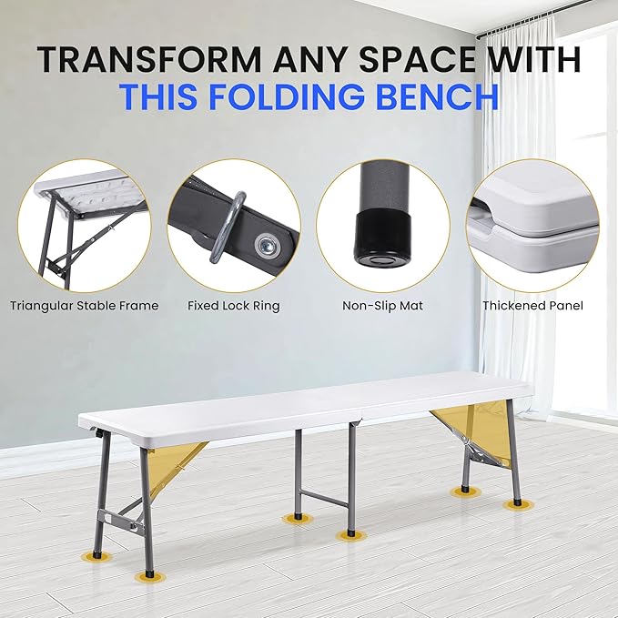 SUPER DEAL 6 FT Plastic Folding Bench, Portable Outdoor Bench with Handle & Non-Slip Mat, Waterproof Dining Seat for Picnic Party Garden Camping Soccer Field, 1 Pack, White