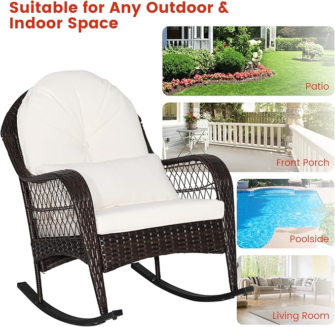 ORALNER Patio Wicker Rocking Chair, Outdoor PE Rattan Rocker with Seat and Back Cushion, Waist Pillow, Armrests, Garden Chair for Porch, Backyard, Poolside, Deck (2, Off White)
