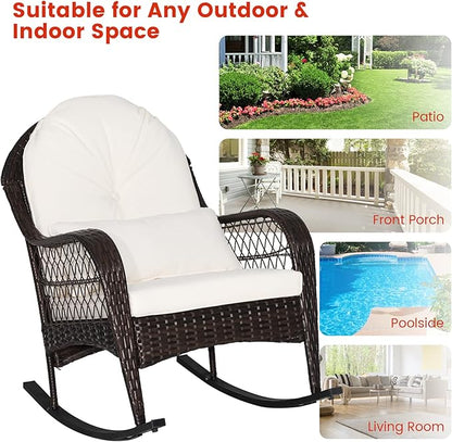 ORALNER Patio Wicker Rocking Chair, Outdoor PE Rattan Rocker with Seat and Back Cushion, Waist Pillow, Armrests, Garden Chair for Porch, Backyard, Poolside, Deck (2, Off White)