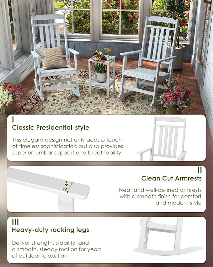 GREENVINES Outdoor-Rocking-Chairs-Set-of-4 | HDPE Plastic | Patio Rockers | Porch Rocker Chair | Oversized | High Back | Big & Tall | White