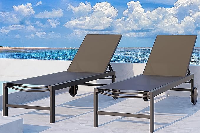 QAQA Patio Chaise Lounge Set of 2, Outdoor Lounge Chairs with 5 Adjustable Positions and Wheels, All Weather Outdoor Reclining Chair for Pool Backyard Garden Deck, Khaki