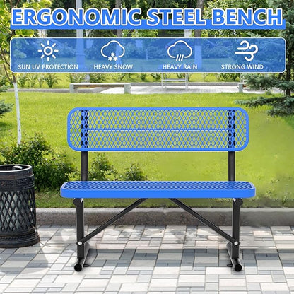 48" Metal Park Benches for Outside - Blue Outdoor Benches Heavy Duty Garden Weatherproof Bench with Backrest, Buddy Bench for Schools,Commercial Benches for Shopping Mall, Store, Yard, Patio