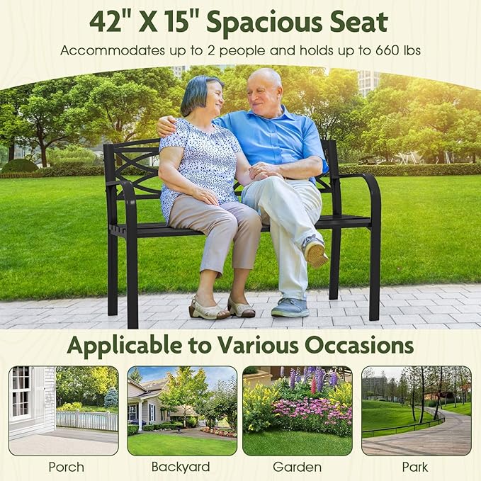 Giantex Outdoor Bench, 45.5” Patio Garden Bench with Backrest, Curved Armrests, Heavy-Duty Metal Frame, Slatted Seat, Outside Patio Seating Furniture for Backyard, Poolside, Porch, Park