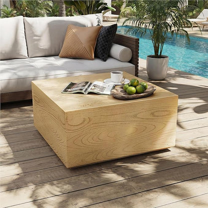 UPHA 28" Square Outdoor Coffee Table, Modern Hollow Concrete Patio Table, Small Minimalist Low Accent Table for Living Room, Balcony, Deck, Backyard, Natural Wood Finish