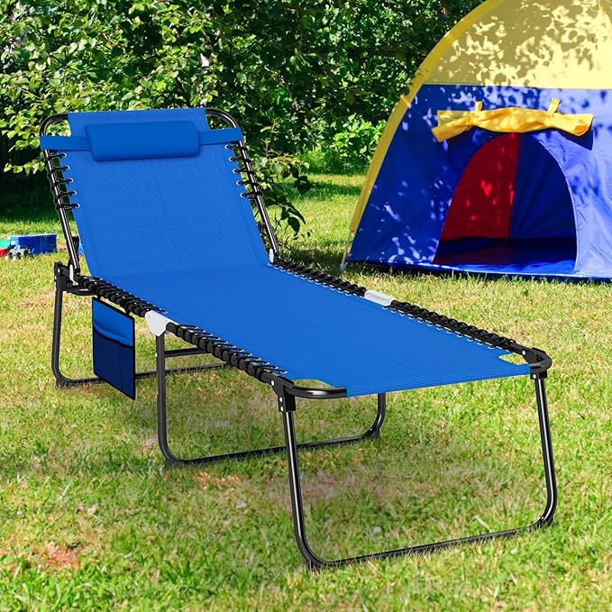 Giantex Lounge Chair Outdoor, Folding Tanning Chair with 4 Adjustable Positions, Removable Headrest, Footrest, Side Pocket, Load 440 Lbs, Portable Recliner for Lawn, Yard, Beach, Sunbathing (1,Navy)