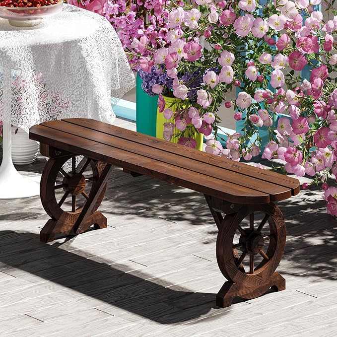HAPPYGRILL Patio Wood Bench Outdoor Rustic Wagon Wheel Bench w/Carbonized Finish & Fir Construction, 2-Person Wooden Outdoor Bench for Patio, Garden, Porch, Park