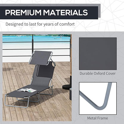 Outsunny Outdoor Lounge Chair, Adjustable Folding Chaise Lounge, Tanning Chair with Sun Shade for Beach, Camping, Hiking, Backyard, Gray