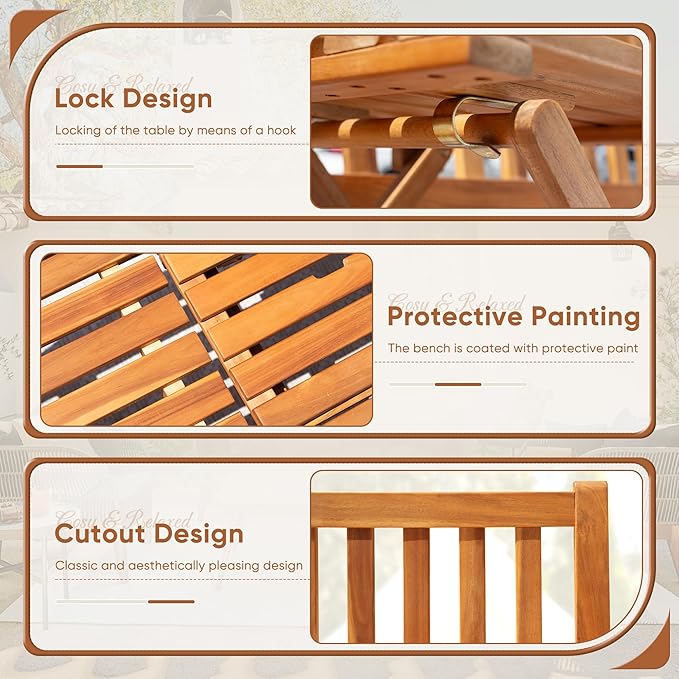 Devoko Outdoor Bench, 2-Person Garden Bench, Patio Wood Bench Outdoor Loveseat with Pull-Out Center Table for Backyard, Balcony and Patio and Garden (Log Color)