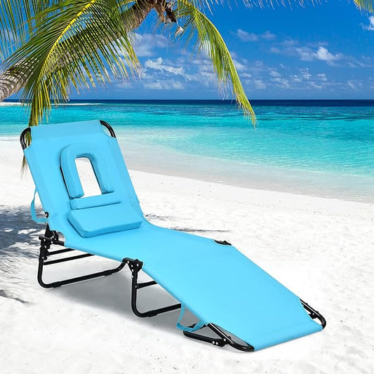 GYMAX Beach Lounge Chair, Sunbathing Chair Patio Lounge Chair Folding Adjustable Recliner with Hole for Face