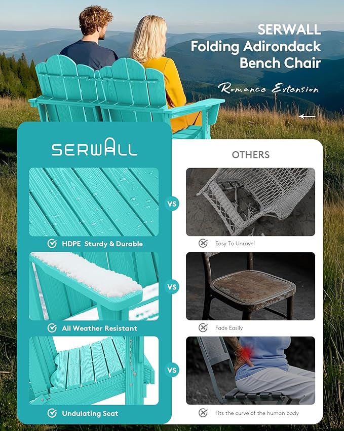 SERWALL Folding Adirondack Bench, HDPE All-Weather Adirondack Loveseat Set of 2, Aruba - Photo 5