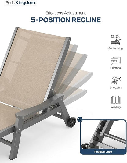 Patio Chaise Lounge Chair with Wheels & Cup Holder, HDPE Textilene Outdoor Lounge Chair 5 Positions Adjustable for Poolside Deck Patio Backyard (1, Grey Frame, Khaki Textilene)