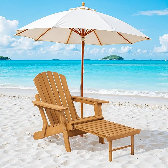 Oversized Folding Adirondack Chair with Retractable Ottoman - Solid Wood Outdoor Lounge Chair for Patio Garden Backyard Porch, Weather-Resistant & Pre-Assembled, Brown