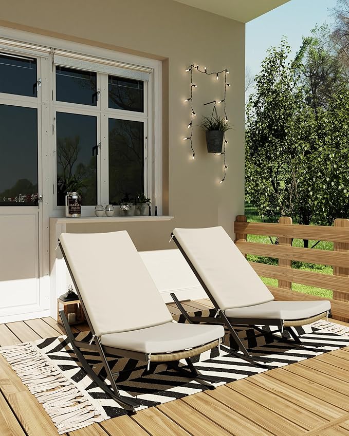 GarveeLife Outdoor Rocking Lounge Chair Set of 2, Patio Chaise Lounge with Removable Cushion for Napping Relaxing, Indoor Reclining Papasan Rocker Chair, Beige