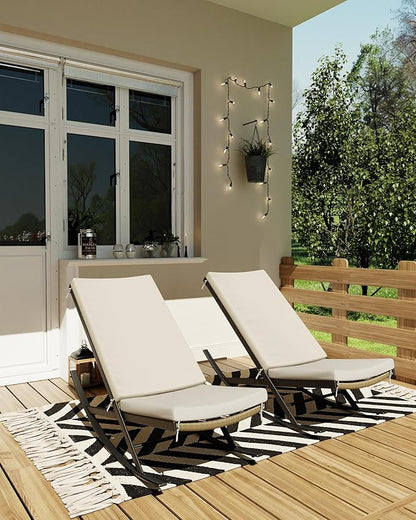 GarveeLife Outdoor Rocking Lounge Chair Set of 2, Patio Chaise Lounge with Removable Cushion for Napping Relaxing, Indoor Reclining Papasan Rocker Chair, Beige