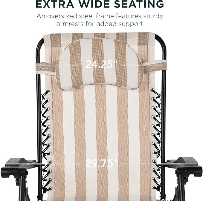Best Choice Products Oversized Zero Gravity Chair, Folding Outdoor Patio Lounge Recliner w/Cup Holder Accessory Tray, Pillow - Tan Striped