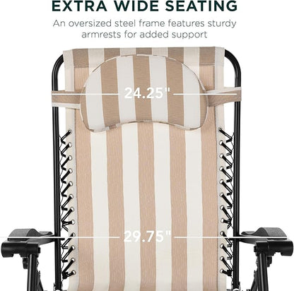 Best Choice Products Oversized Zero Gravity Chair, Folding Outdoor Patio Lounge Recliner w/Cup Holder Accessory Tray, Pillow - Tan Striped